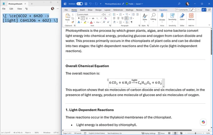 A screenshot showing a text document discussing photosynthesis. The text outlines the overall chemical equation, highlighting the reaction: 6CO2   6H2O → C6H12O6   6O2. Key sections include 'Light-Dependent Reactions' and details about energy absorption by chlorophyll.