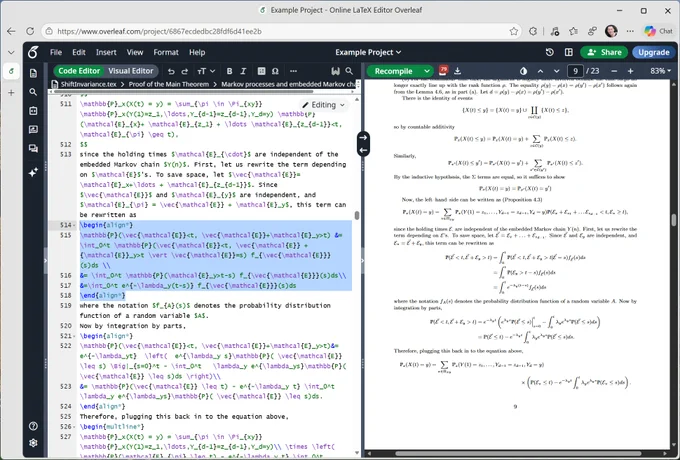 A screenshot of an online LaTeX editor interface showing two panels. The left panel displays code with mathematical notation and functions, while the right panel features typeset equations and headers.
