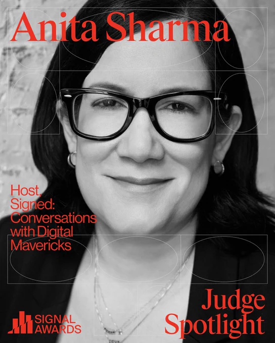 Portrait of Anita Sharma featured in a Judge Spotlight with text overlay and Signal Awards branding. Black and white professional presentation.