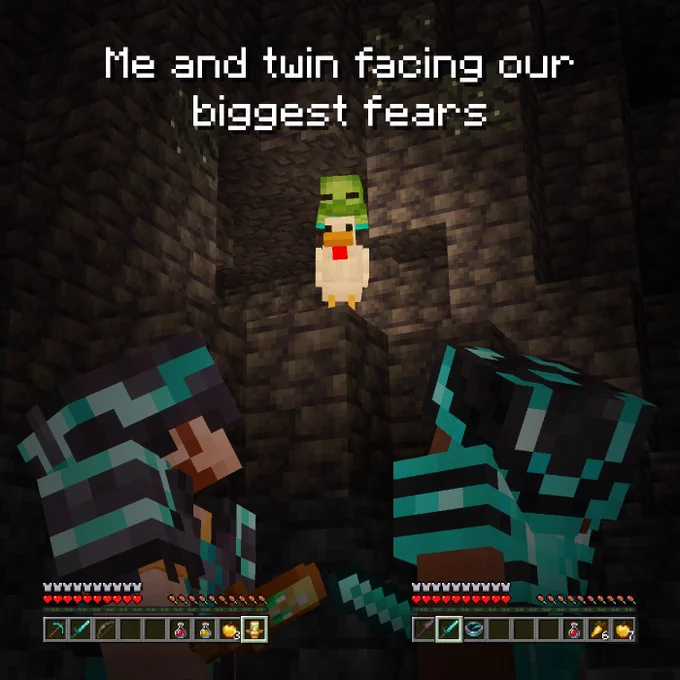Two Minecraft characters look up at a chicken jockey with the text "me and twin facing our biggest fears"