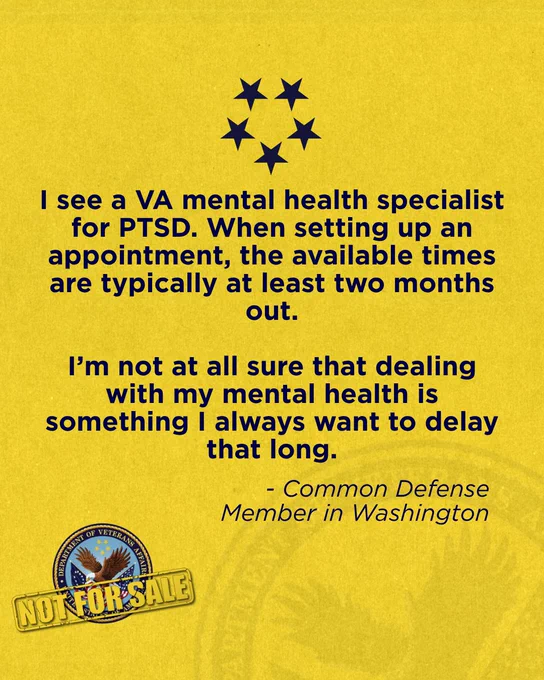 Yellow background with a quote about difficulty accessing mental health care for PTSD. It mentions long wait times for appointments, specifically two months. There's a seal at the bottom reading "Not For Sale" from the Department of Veterans Affairs, with attribution to a Common Defense member in Washington. Five stars are arranged at the top.