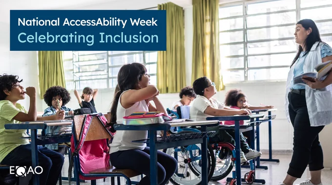A classroom scene with individuals seated at desks, listening to someone at the front. The windowed room has green curtains. Text on the image reads, "National AccessAbility Week - Celebrating Inclusion." EQAO logo is visible in the corner.