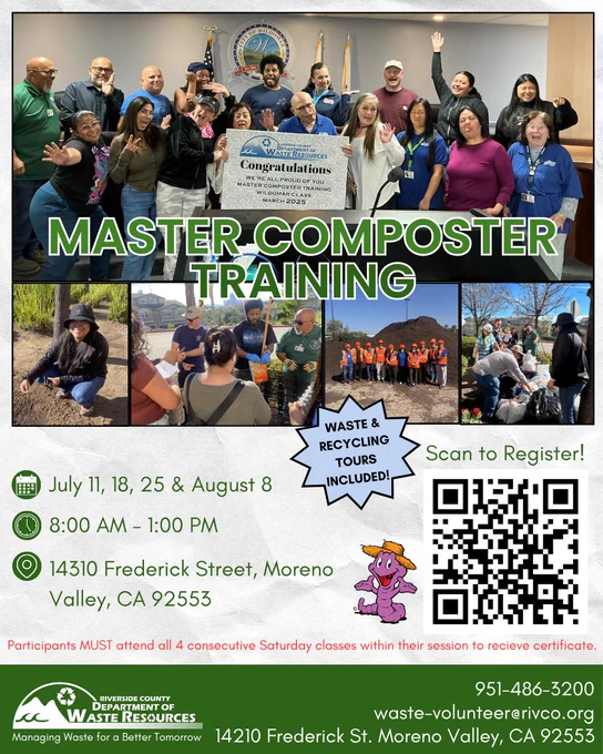 This image is a flyer for "Master Composter Training" by the Riverside County Department of Waste Resources. It features pictures of people in a group posing together, creating a composting pile and attending a company tour. There's a QR code for registration and details about the training dates, times, and location in Moreno Valley, CA. The flyer emphasizes that waste and recycling tours are included. Contact information is provided at the bottom.