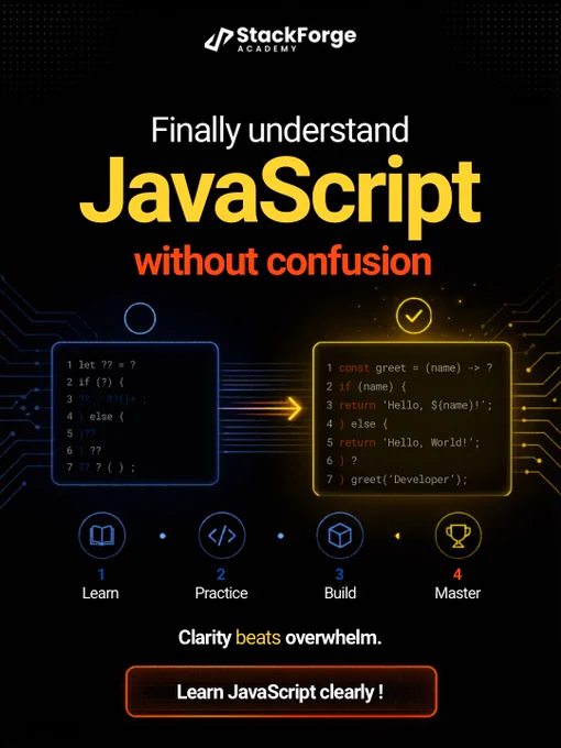 A dark futuristic StackForge Academy poster with the headline “Finally understand JavaScript without confusion,” showing confusing code transforming into clear code, with a four-step learning path: learn, practice, build, and master.