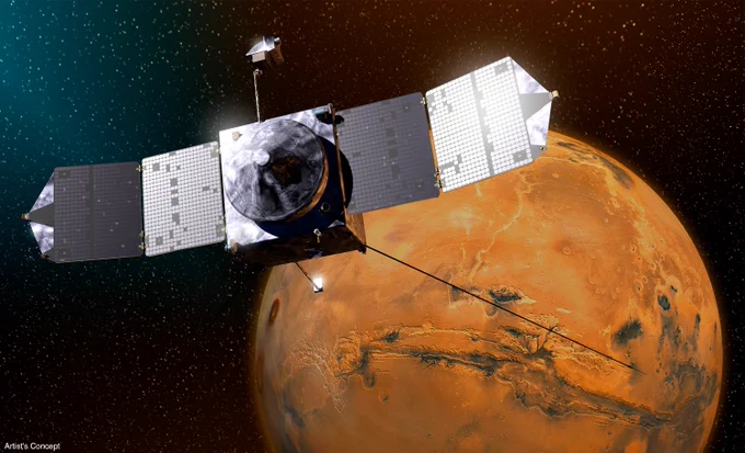 An artist's concept of the MAVEN spacecraft, a metallic cube with square solar panels on either side, above the red planet Mars. Credit: NASA/Goddard/University of Colorado/Laboratory for Atmospheric and Space Physics