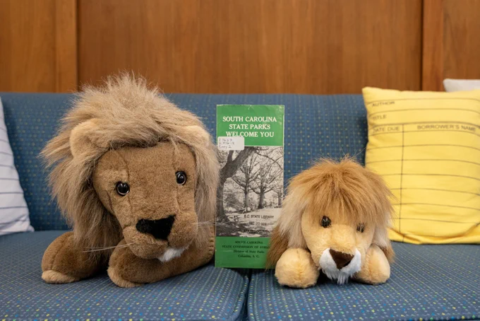 The lions Sol and Edgar are sitting on a blue couch at the State Library. In between them is a copy of “document name”.