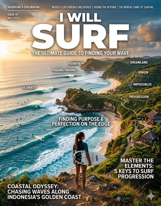 A surfer stands on a rocky edge overlooking waves and beachgoers, promoting exploration and adventure in surfing.