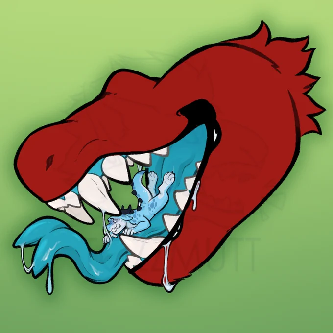 Sticker style illustration of a red dragon's maw with the moth open and the tongue hanging out. A blue, terrified kobold is hanging out inside the mouth