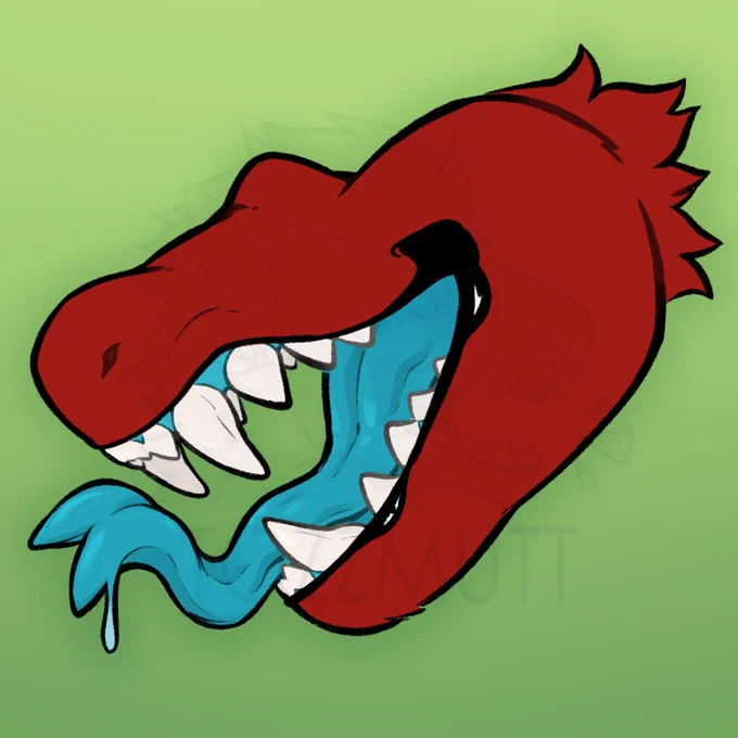 Sticker style illustration of a red dragon's maw with the moth open and the tongue hanging out