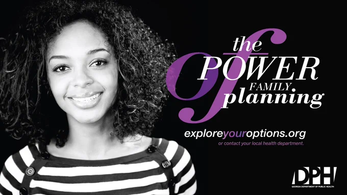 Black and white photo of a woman with curly hair wearing a striped shirt, next to text promoting family planning options and a health website.