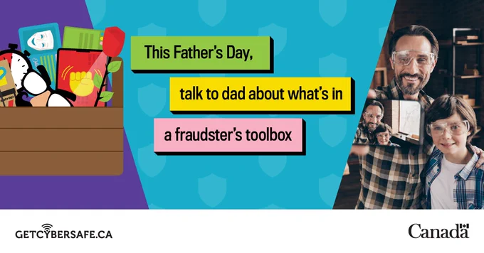 A toolbox full of cyber threats and an image of a father and child taking a selfie. Image text: This Father's Day, talk to dad about what's in a fraudster's toolbox