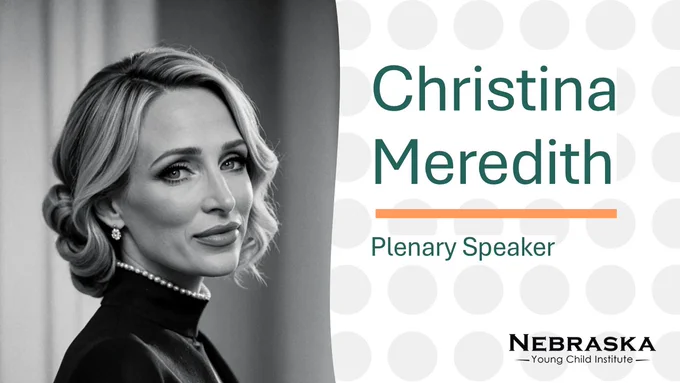 Black and white portrait of a woman with styled hair and pearl necklace, identified as Christina Meredith, Plenary Speaker.
