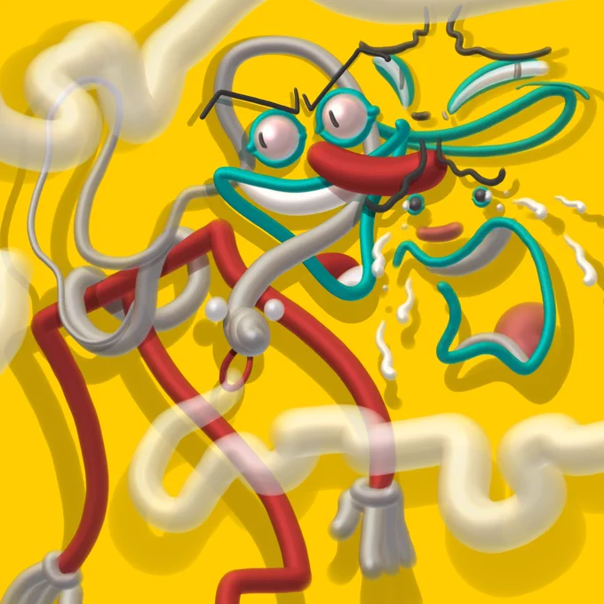 An abstract three headed figure with tubular twisting limbs. At the top right, three blue lipped faces with black eyes occupy the space. A fourth snakelike figure rests on the shoulders of their shared body, emitting smoke from its mouth.