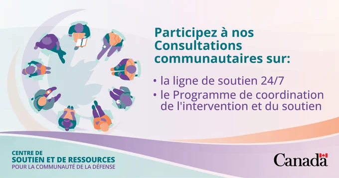 Visuel promotionnel invitant à participer à des consultations communautaires, avec une illustration abstraite de personnes disposées en cercle autour d’une forme centrale, accompagné du texte : « Participez à nos consultations communautaires sur : la ligne de soutien 24/7; le Programme de coordination de l’intervention et du soutien », ainsi que les logos du Centre de soutien et de ressources pour la communauté de la Défense et du mot-symbole Canada.