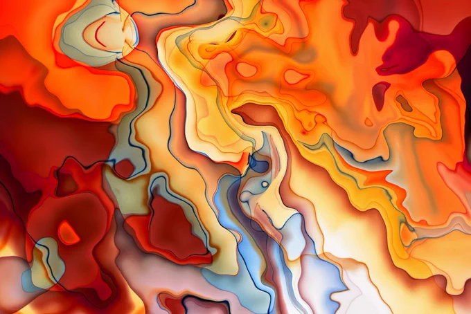 A vibrant abstract art piece with fluid, swirling patterns in bold colors.