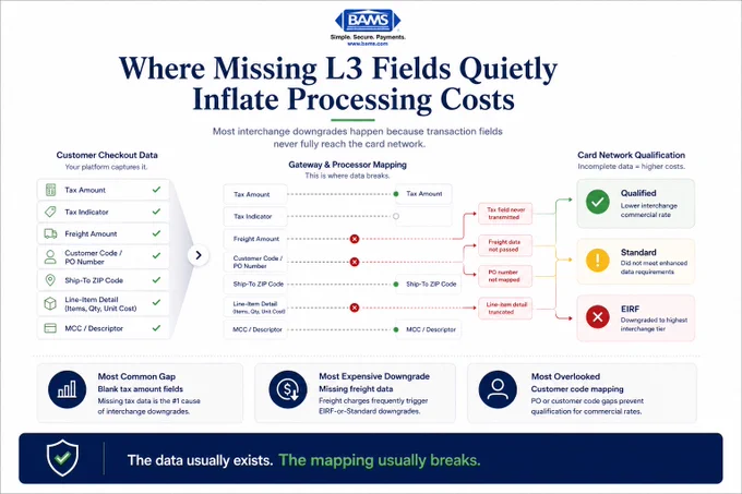 Editorial fintech infographic showing a realistic payment data audit with missing Level 3 fields causing interchange downgrades and increased effective processing rates.