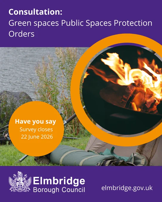 Consultation announcement on Green Spaces Public Spaces Protection Orders with survey closing 22 June 2026 by Elmbridge Borough Council.
