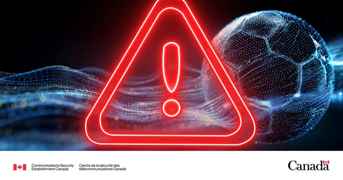 Red neon warning triangle with exclamation mark over a digital globe made of blue hexagonal mesh representing cybersecurity threats.