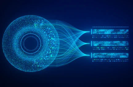 blue lines connecting in a circle and leading into graphic representations of neural networks