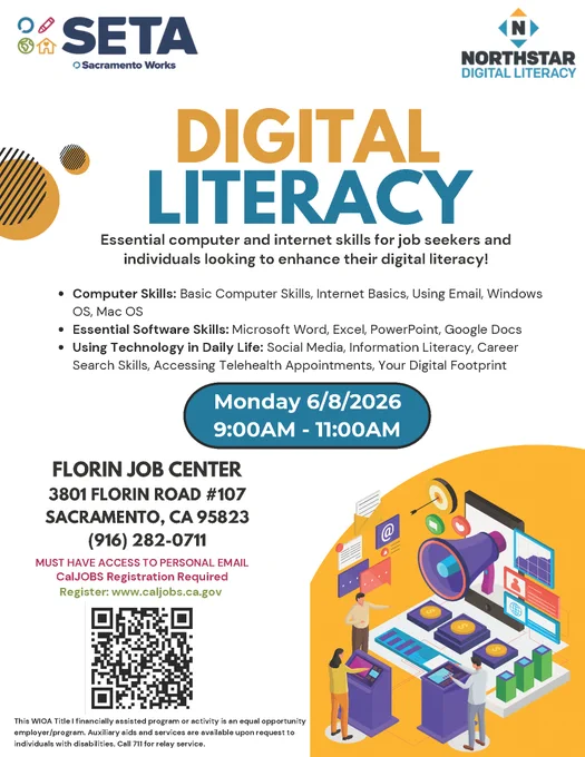 Flyer for a digital literacy class teaching essential computer and internet skills for job seekers on June 8, 2026, at Florin Job Center in Sacramento.