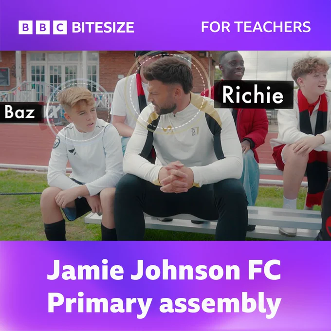Jamie Johnson FC characters Baz and Richie are sat at the side of a football match along with other team mates. Large text reads: Jamie Johnson FC - Primary assembly.