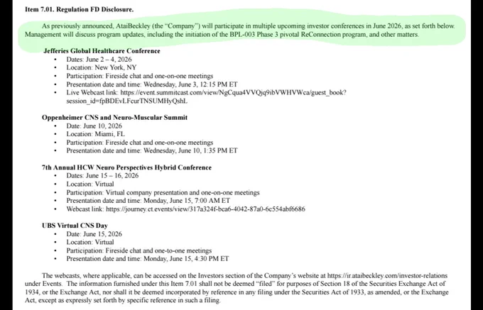 As previously announced, AtaiBeckley (the “Company”) will participate in multiple upcoming investor conferences in June 2026, as set forth below. Management will discuss program updates, including the initiation of the BPL-003 Phase 3 pivotal ReConnection program, and other matters. Source: 06-03-2026 8K