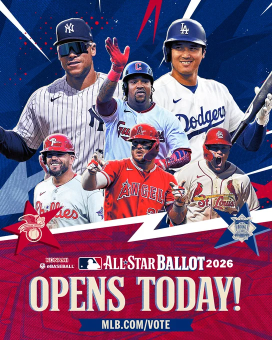 2026 Konami eBaseball All-Star Ballot 2026 OPENS TODAY! MLB.com/Vote
Pictured: Cutouts of Aaron Judge, Shohei Ohtani, José Ramírez, Kyle Schwarber, Mike Trout and JJ Wetherholt. Citizens Bank Park with a red hue over it is pictured at the bottom.