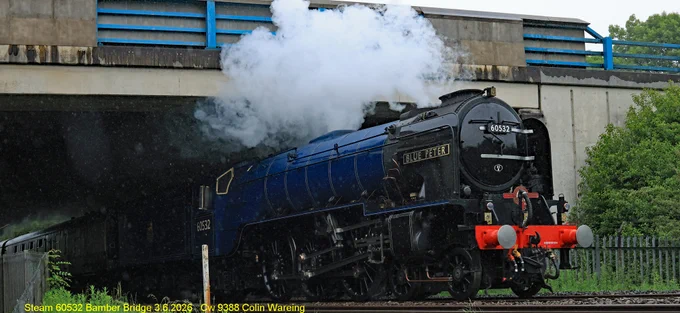 In the rain, Steam 60532 Bamber Bridge 3.6.2026  
Steam locomotive no 60532 “Blue Peter” has just passed under the M6 motorway to the east of Bamber Bridge near Preston 3.6.2026.
The train it is hauling is the “Settle and Carlisle Fellesman” operated by Saphos Trains excursion train from Crewe to Carlisle via the Settle and Carlisle railway line. 
The train is running under headcode or train reporting no 1Z45. 
The train left Crewe at 07.26 hrs arriving Carlisle at 13.28 hrs. It was due back in Crewe at 22.15 hrs 
3.6.26 
Image Cw 9388 Colin Wareing
