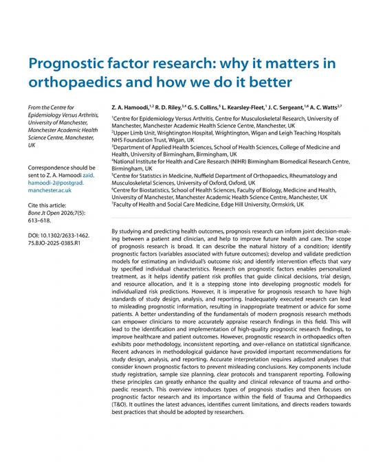 Research article on prognostic factors in orthopaedics highlighting the importance of prognosis in patient care and clinical decisions.