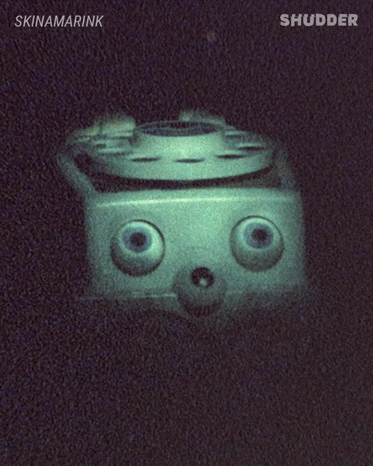A grainy, eerie image of a greenish rotary phone with a surreal vibe. Text overlays include titles for 'Skinamarink' and 'Shudder'.