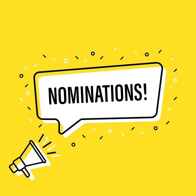 In the lower left corner, on a bright yellow background, is a cartoon megaphone with the word "Nominations!" coming out. 