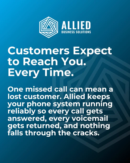 A promotional image for Allied Business Solutions highlighting reliable phone systems to prevent missed calls. The design is clean and professional with a blue gradient background.