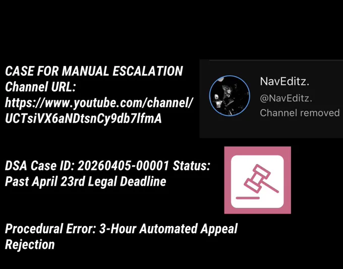 Text card summary for manual human escalation. Displays my channel name (NavEditz.), my exact Channel URL, the formal DSA Case ID (20260405-00001) showing it is past the April 23rd legal deadline, and highlights the core procedural error: a 3-hour automated appeal rejection.