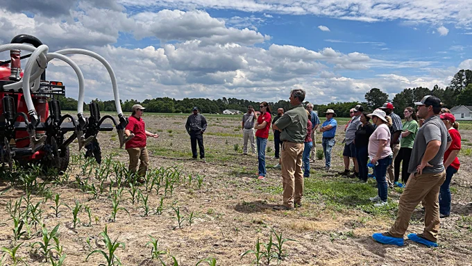 NC State University's Stephanie Kulesza, an associate professor of nutrient management and animal waste, speaks during a field workshop. 
