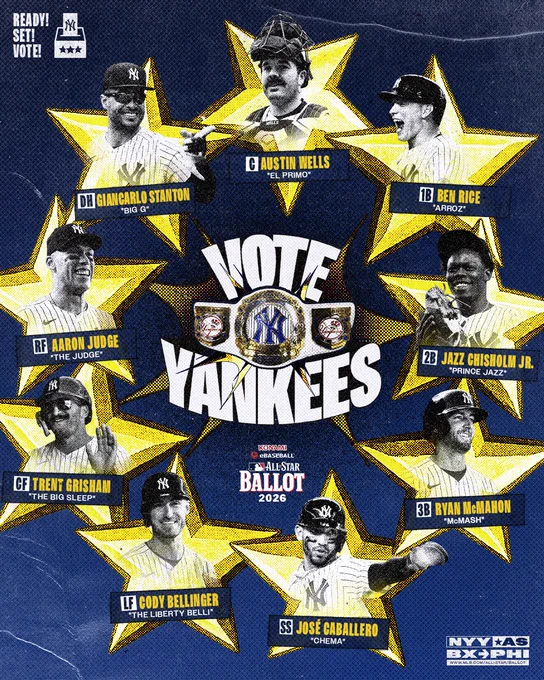 Yankees All-Star Voting Promotional Poster: 

"Vote Yankees" 

C: Austin Wells "EL PRIMO"
DH: Giancarlo Stanton "BIG G" 
2B: Jazz Chisholm Jr. "PRINCE JAZZ"
3B: Ryan McMahon "McMASH" 
SS: José Caballero "CHEMA"  
RF: Aaron Judge "THE JUDGE"
CF: Trent Grisham "THE BIG SLEEP"
LF: Cody Bellinger "THE LIBERTY BELLI"
1B: Ben Rice "ARROZ"

Photo of the Yankees Game Belt. 