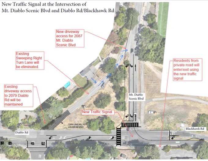 Work Area map for the New Traffic Signal installation at the intersection of Mt. Diablo Scenic Blvd & Diablo Rd/Blackhawk Rd in Danville, CA