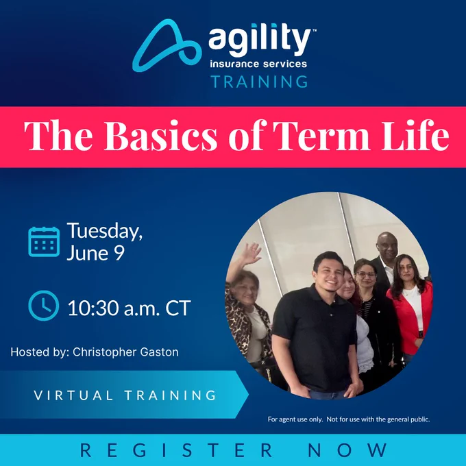 An announcement for a virtual training session on term life insurance hosted by Agility Insurance Services. The design is professional and informative.
