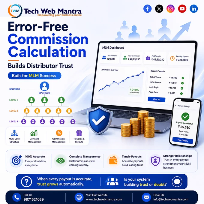 Tech Web Mantra promotional graphic showcasing error-free MLM commission calculation software with automated payouts, commission tracking, distributor management, downline monitoring, transparent earnings, and secure payout processing. The design highlights MLM software solutions that improve trust, accuracy, payout management, network marketing automation, and distributor satisfaction for growing MLM businesses.







mlm commission software, commission calculation software, mlm payout software, automated commission management, binary mlm software, matrix mlm software, mlm software company, best mlm software company India, network marketing software, mlm management software, mlm compensation plan software, direct selling software, commission tracking software, mlm rewards management, automated payouts software, secure mlm software, mlm business software, custom mlm software development, real time payout software, mlm earning management, downline tracking software, mlm automation
