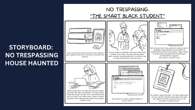 Living at the intersection of ableism and racism forces students to confront haunted institutional spaces, marked by opacity and unseen forces. Institutions plant “Keep Out” - No Trespassing signs throughout students’ journeys.  In this piece, we share the story of Ines (a pseudonym) via a storyboard, a chronological panel of six drawings. In the first, we see a photo of Ines and her family, a stack of medical textbooks, and a sticky note that has the words “You’ve got this” handwritten with a heart. The text says, “Ines is proud to be the first person in her family to go to medical school. She can’t wait to start her first semester.” Next, Ines is speaking in a small group of other medical students and leaders at her medical school. The text reads, “At new student orientation, Ines meets other Black students in her class. The chief diversity officer gives a speech, remarking that she’s so proud to see so many diverse faces in the new class.” 
The next panel shows multiple emails broug