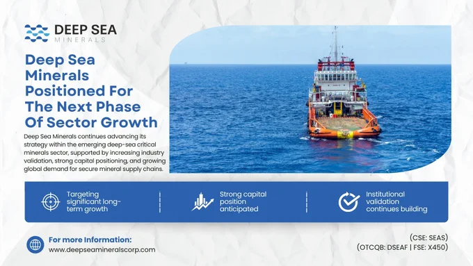 Deep Sea Minerals corporate update highlighting its position for the next phase of growth in the deep-sea critical minerals sector. The post features an offshore vessel at sea and emphasizes long-term growth potential, anticipated strong capital positioning, increasing industry validation, and rising global demand for secure mineral supply chains.
