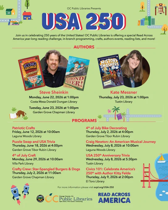Graphic promoting events for the 250th anniversary of the USA. Program details are listed on the website at ocpl.org/USA-250