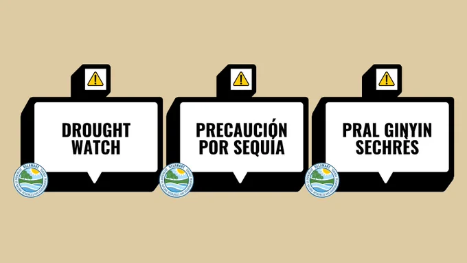 Three speech bubble signs with exclamation marks at the top indicate a drought watch. The messages read "Drought Watch" in English, "Precaución por Sequía" in Spanish, and a third text "Pral Ginyin Sechres." Each sign includes the Delaware Department of Natural Resources and Environmental Control logo at the bottom.
