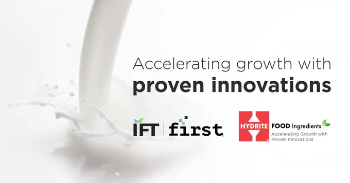 Splash of milk pouring with text about accelerating growth through proven innovations and logos of IFT first and Hydrite Food Ingredients.
