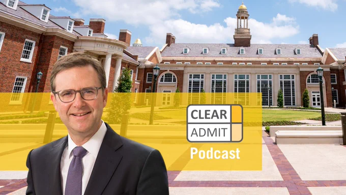 Image of the SMU Cox School of Business David B. Miller Business Quadrangle with the Clear Admit logo and a headshot of Joseph Cahoon, director of the SMU Cox Folsom Institute for Real Estate, layered on top.