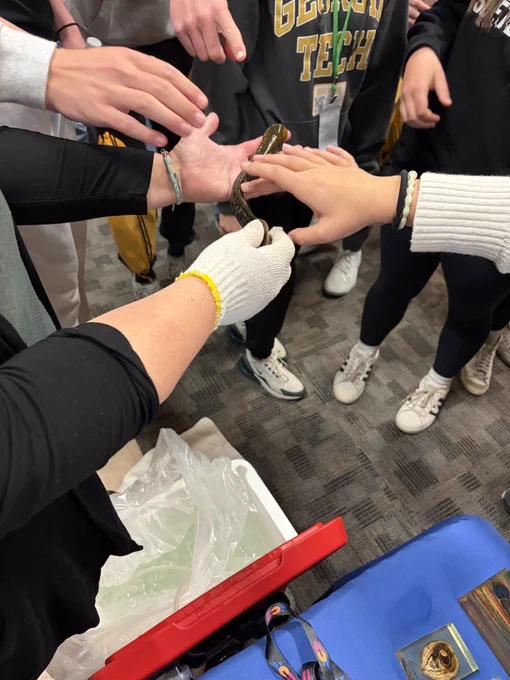 Students touching the back of a sea lamprey during a career fair. Photo credit: GLFC.