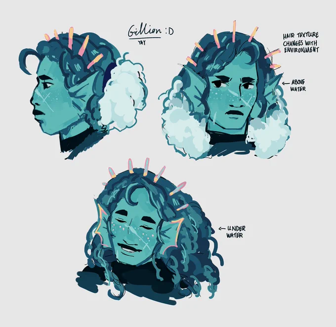 Three digital portraits of Gillion Tidestrider. The first one is a profile. The second one is front facing with his hair down, text besides it reads: "Hair texture changes with environment" and "Above water". Third one is also front facing with his hair down this time with looser curls, text reads: "Under water".