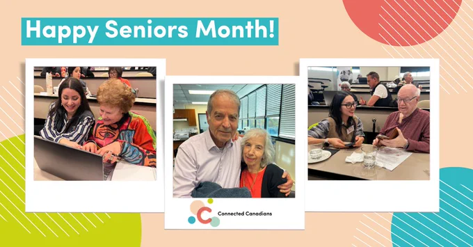 A graphic celebrating seniors month. Features a peach background with red, green, and blue dot, and white lined patterns. Three frames feature photos of smiling clients and mentors working on laptops and phones. The text at the top reads “Happy Seniors Month!” in white writing with blue highlighting. (edited)
