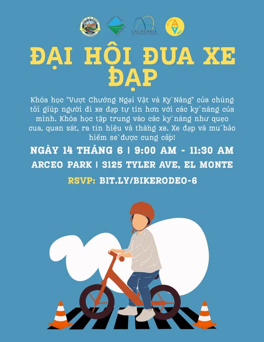 Flyer for a Bike Rodeo event. The background is blue with illustrations of a person on a bike at a crosswalk, two orange cones, and a bike helmet. Text details: "BIKE RODEO," "Our Bike Rodeo and Skills course helps riders become more confident with their skills. Focusing on turning, scanning, signaling and braking. Bikes and helmets are provided!" Event details: "June 14 | 9:00 AM - 11:30 AM," "Arceo Park | 3125 Tyler Ave, El Monte," "RSVP: bit.ly/bikerodeo-6." 