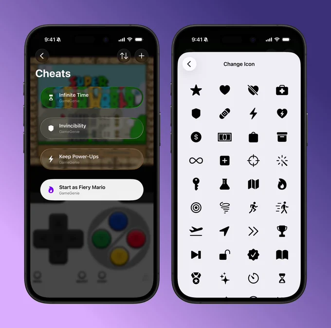 Screenshots of New Liquid Glass cheats screen featuring glassy buttons for each cheat and custom icons and the new Customize Icon screen for cheats