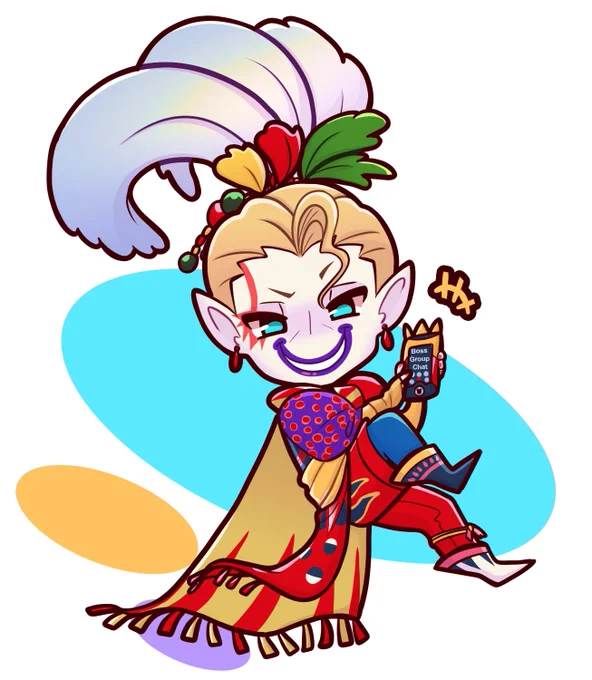 digital artwork of kefka from final fantasy vi (among other games, including ffxiv) he is floating in midair, grinning gleefully as he holds up the gummi phone from kingdom hearts. on the screen, he is calling the boss group chat.